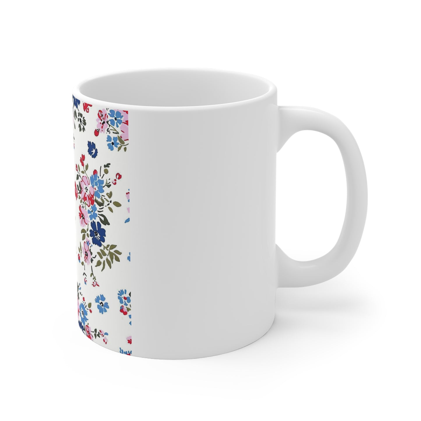 Delicate Patriotic Floral Coffee Mug – Red White Blue Vintage Flower Mug – Cottage Americana Mug – Soft Garden Style USA Cup Floral Vintage Rose 11oz Ceramic Mug — Petite Pink & Blue Bouquet