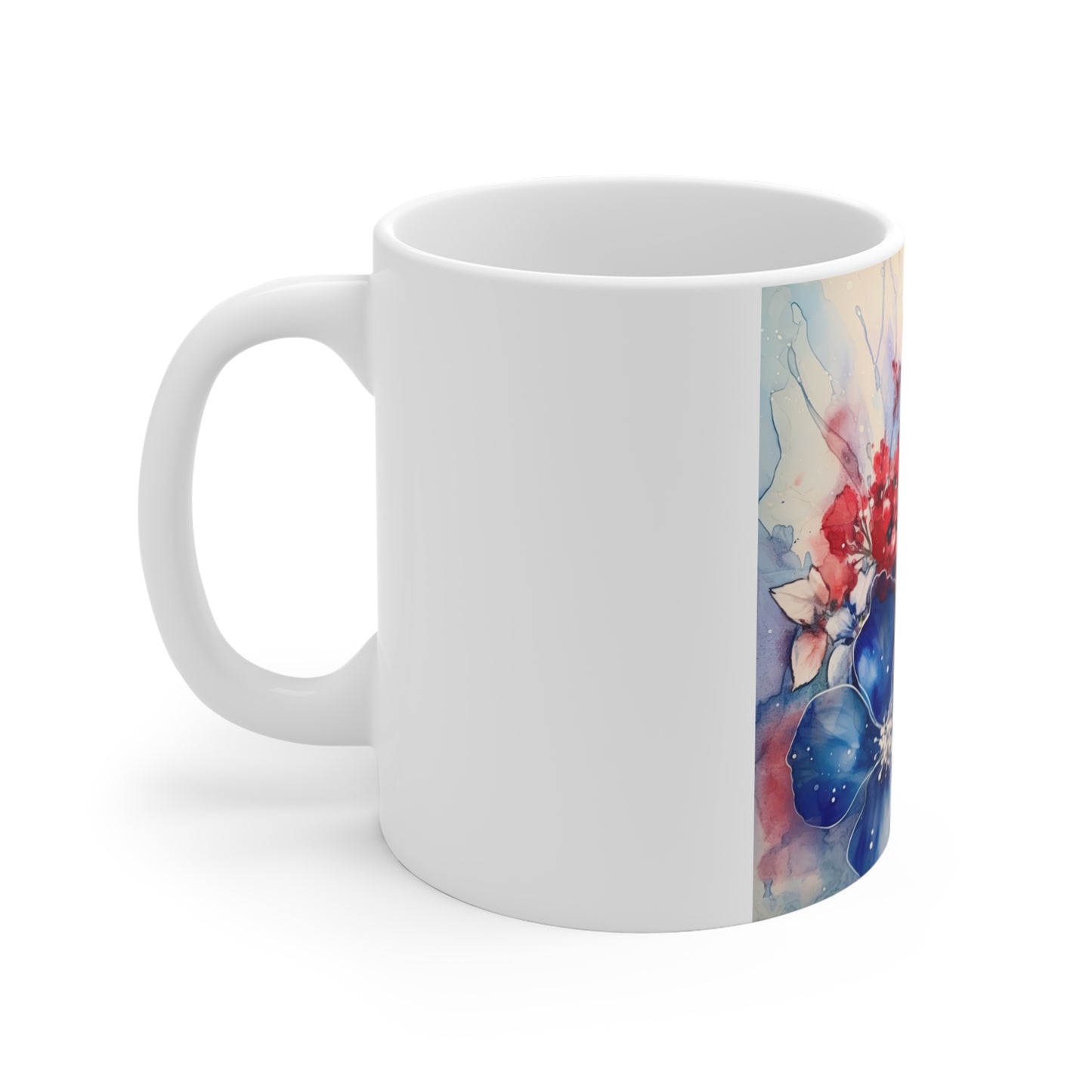 Patriotic Floral Watercolor Coffee Mug – Blue Red Botanical Mug – Soft Americana Flower Cup – Elegant Artistic Gift Mug Blue & Red Watercolor Floral Mug - 11oz Artistic Spring Coffee Cup