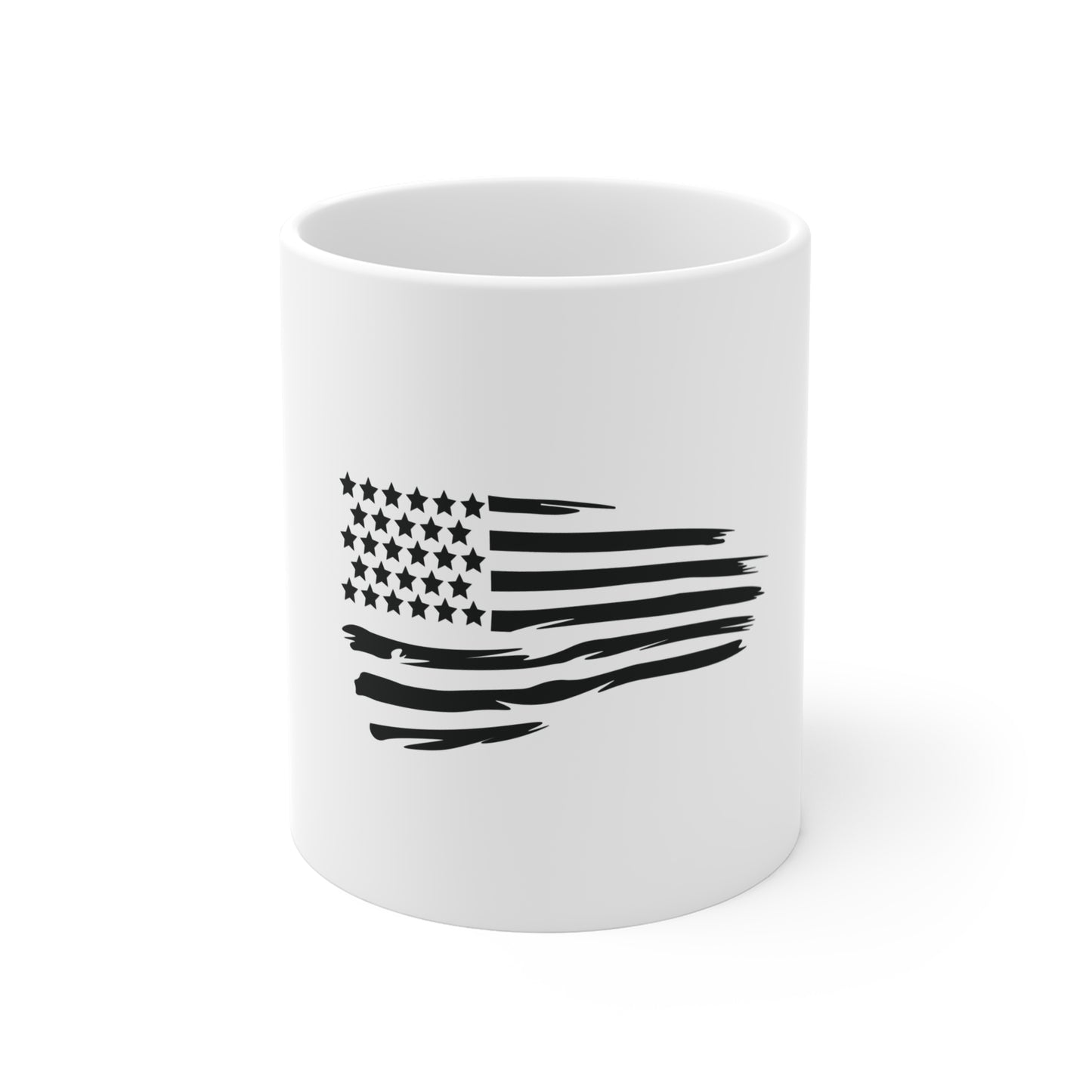 Black Waving Distressed American Flag Coffee Mug – Brushstroke USA Flag Mug – Stealth Patriotic Cup – Modern Americana Gift Mug 11oz