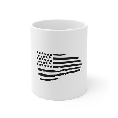 Black Waving Distressed American Flag Coffee Mug – Brushstroke USA Flag Mug – Stealth Patriotic Cup – Modern Americana Gift Mug 11oz