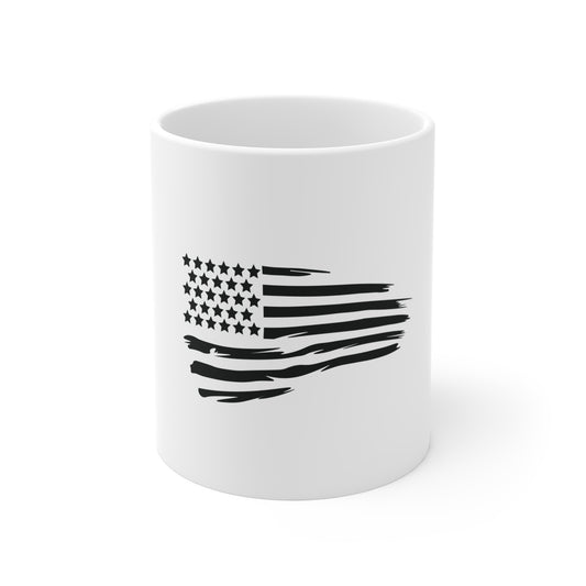 Black Waving Distressed American Flag Coffee Mug – Brushstroke USA Flag Mug – Stealth Patriotic Cup – Modern Americana Gift Mug 11oz