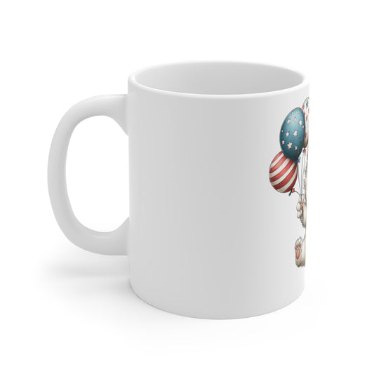 Cute Patriotic Kitten with Balloons Coffee Mug – Americana Cat Mug – Red White Blue Balloon Cat Mug – 4th of July Cat Lover Gift Cute Kitten with Patriotic Balloons Mug — 11oz