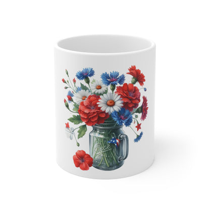 Patriotic Daisy & Poppy Mason Jar Coffee Mug – Red White Blue Floral Bouquet Mug – Americana Garden Flowers Cup – Festive Farmhouse Mug 11oz Ceramic Mug — Patriotic Red, White & Blue Floral Mason Jar...