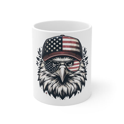Patriotic Eagle Aviator Coffee Mug – American Flag Sunglasses Bald Eagle Mug – USA Freedom Bird Cup – Vintage Americana Gift Mug 11oz