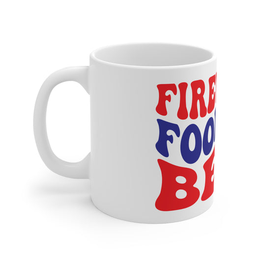 Fireworks Food and Beer Coffee Mug – Funny 4th of July Mug – Patriotic BBQ Humor Cup – Retro Americana Party Mug Mug 11oz