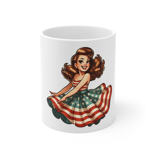 Patriotic Vintage Dress Mug – Retro Americana Pin-Up Coffee Mug – Stars and Stripes Skirt Cup – Classic USA Woman Mug – Fourth of July Gift Patriotic Pin-Up 11oz Mug