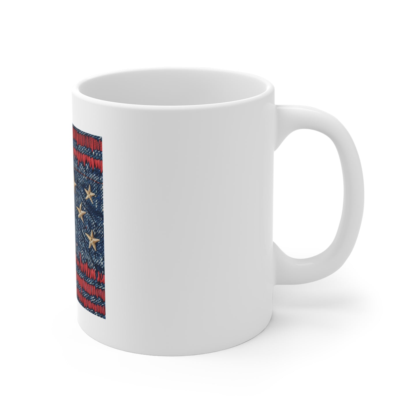 Distressed American Flag Denim Coffee Mug – Vintage Stitch Patriotic Mug – Worn-In USA Flag Cup – Rustic Americana Gift – Heritage Art Mug 11oz Coffee Cup