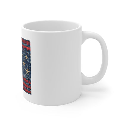 Distressed American Flag Denim Coffee Mug – Vintage Stitch Patriotic Mug – Worn-In USA Flag Cup – Rustic Americana Gift – Heritage Art Mug 11oz Coffee Cup