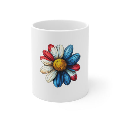 Patriotic Daisy Coffee Mug — Red White Blue Flower 11oz Ceramic