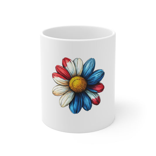 Patriotic Daisy Coffee Mug — Red White Blue Flower 11oz Ceramic