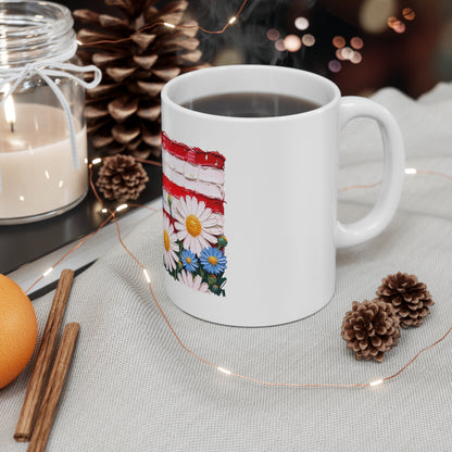 American Flag Floral Mug — Patriotic Poppy & Daisy Coffee Cup (11oz)