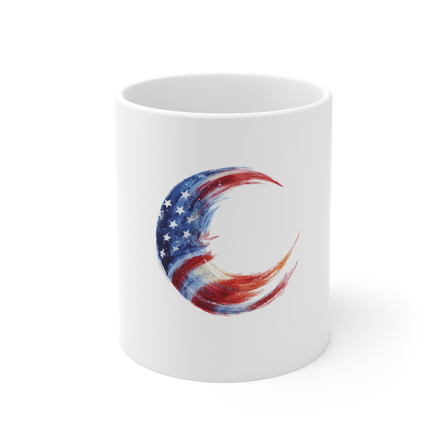 American Flag Crescent Moon Mug — Patriotic 11oz Coffee Cup (Stars & Stripes)