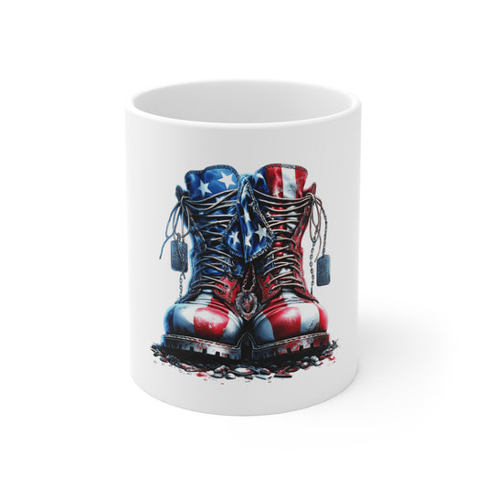 Patriotic Combat Boots Coffee Mug – American Flag Military Boots Mug – Veteran Honor USA Mug 11oz