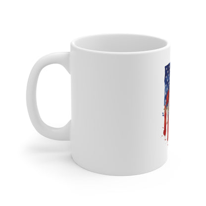 Patriotic Floral Mug — American Flag with Red Poppies & Daisies, 11oz