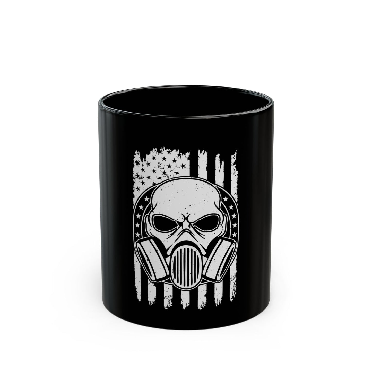 Gas Mask Skull Flag Mug – Tactical Skull Coffee Cup – Black & White American Flag Survival Design Black Mug (11oz, 15oz)
