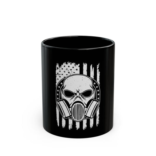 Gas Mask Skull Flag Mug – Tactical Skull Coffee Cup – Black & White American Flag Survival Design Black Mug (11oz, 15oz)