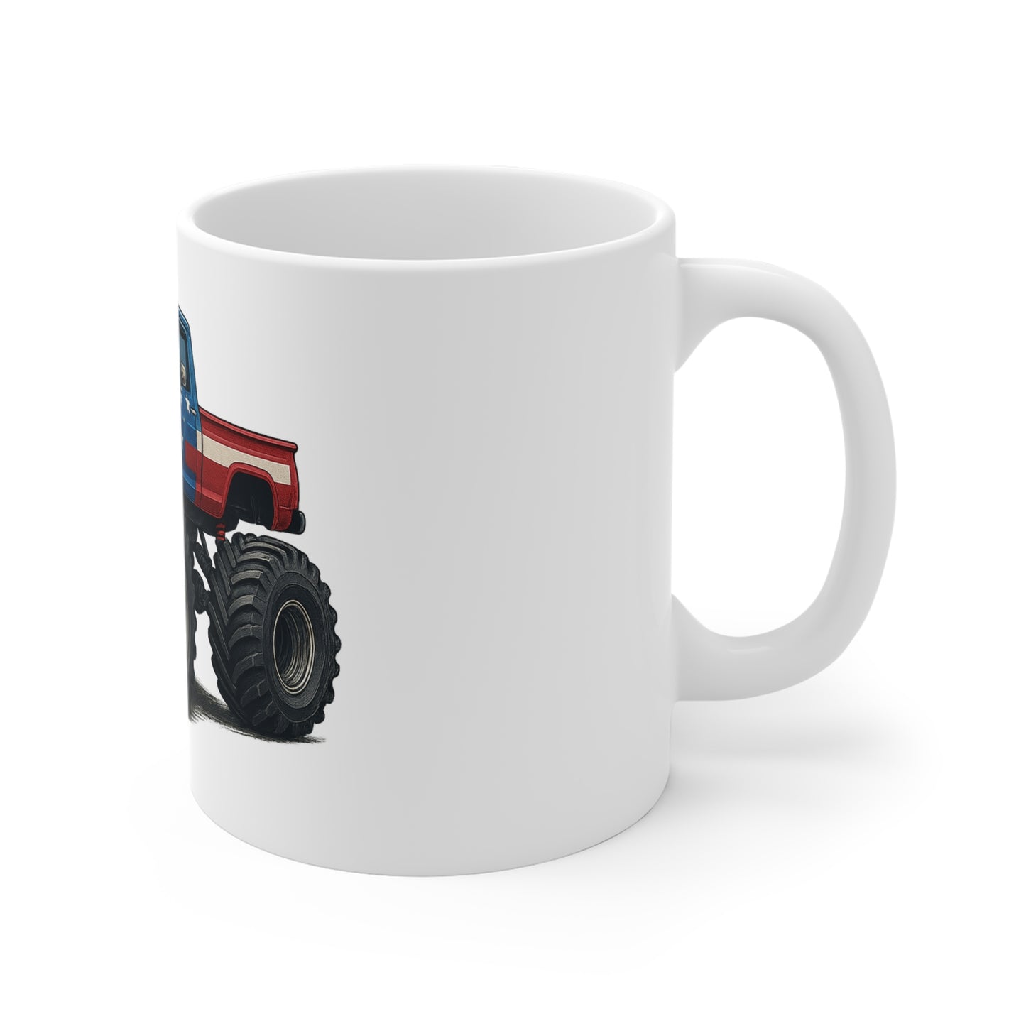 Patriotic Monster Truck Sunset Coffee Mug – American Flag Off-Road Truck Mug – Independence Day Adventure Cup – Bold Americana Gift Mug 11oz