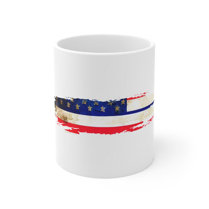 Distressed American Flag Brush Stroke Mug – Vintage USA Flag Coffee Cup – Rustic Patriotic Design Mug 11oz