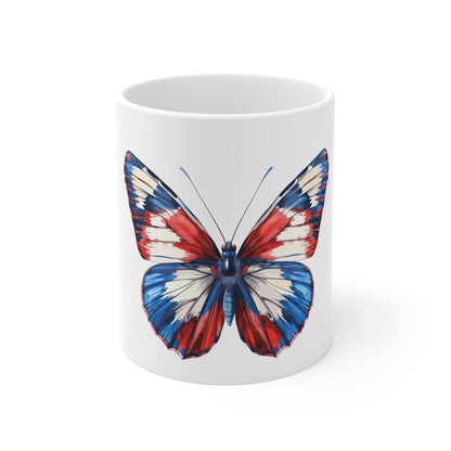 Bold Patriotic Butterfly Mug – Red White Blue Brushstroke Coffee Mug – Modern Americana Art Cup – USA Gift Mug