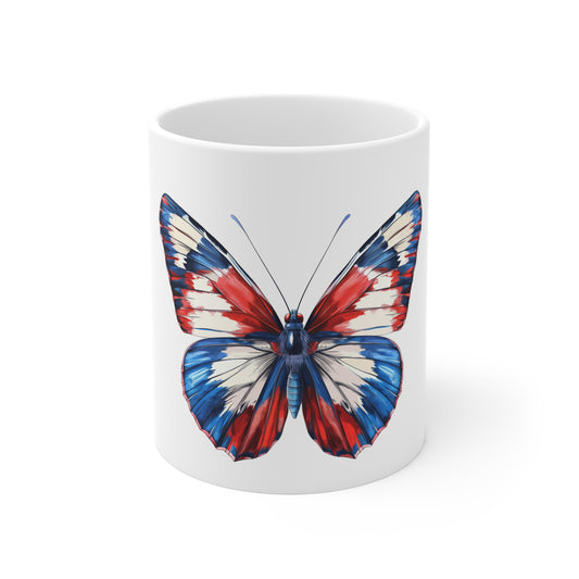 Bold Patriotic Butterfly Mug – Red White Blue Brushstroke Coffee Mug – Modern Americana Art Cup – USA Gift Mug
