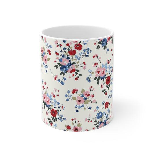 Vintage Patriotic Floral Coffee Mug – Red White Blue Garden Mug – Americana Cottage Flower Mug – Soft Botanical USA Cup Floral Vintage Ditsy Pattern Mug — 11oz Ceramic Coffee Cup