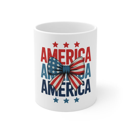 America Patriotic Bow 11oz Mug — USA Flag Coffee Cup for 4th of July