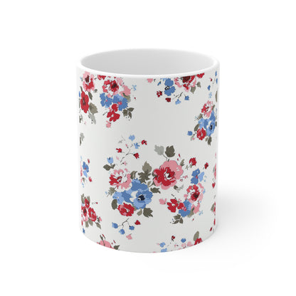Vintage Patriotic Floral Coffee Mug – Red White Blue Rose Mug – Shabby Chic Americana Cup – Soft Garden Bouquet Mug Floral Vintage Rose 11oz Ceramic Mug