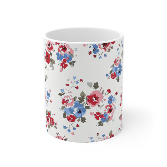 Vintage Patriotic Floral Coffee Mug – Red White Blue Rose Mug – Shabby Chic Americana Cup – Soft Garden Bouquet Mug Floral Vintage Rose 11oz Ceramic Mug