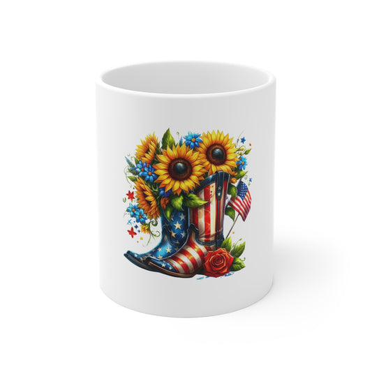 Patriotic Sunflower Cowboy Boot Mug — 11oz USA Flag Floral Coffee Cup
