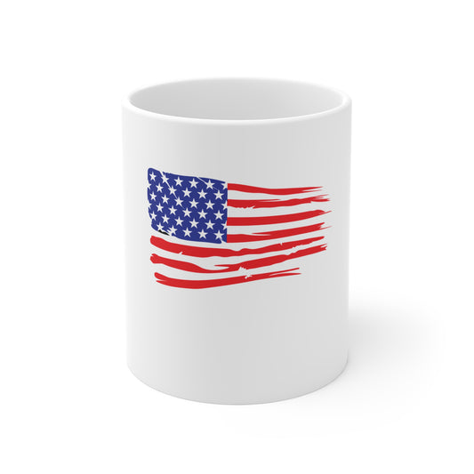 Distressed American Flag Coffee Mug – Horizontal Brush Stroke USA Flag Mug – Classic Patriotic Cup – Red White Blue Gift Mug 11oz