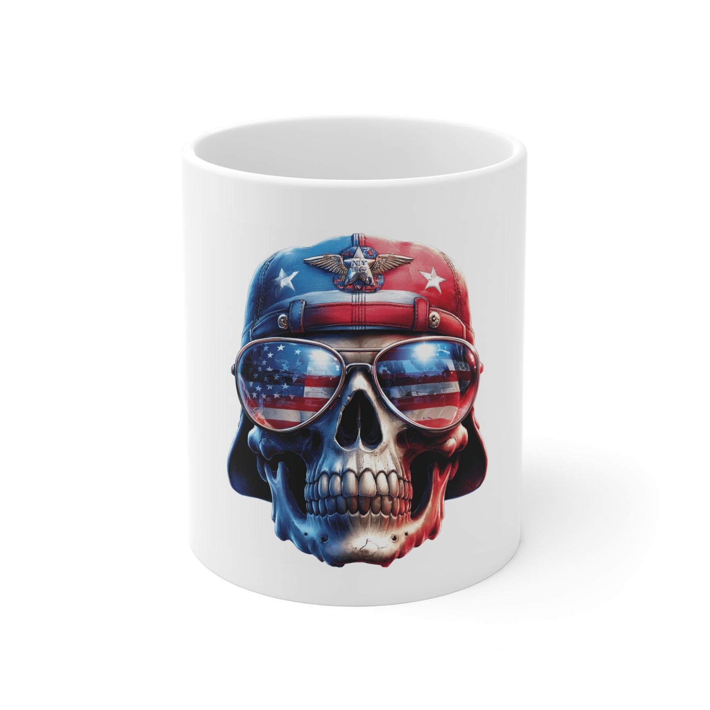 Patriotic Skull Helmet Coffee Mug – American Flag Aviator Skull Mug – Military Style USA Mug – Veteran Tribute Mug 11oz