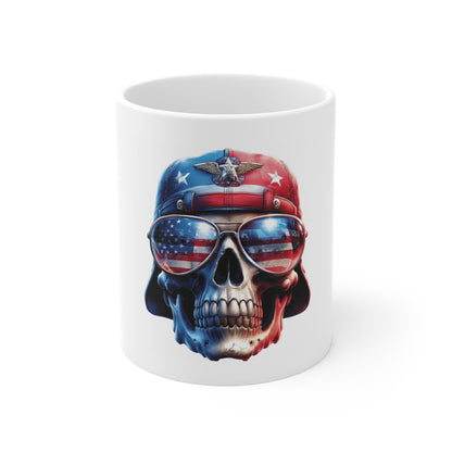 Patriotic Skull Helmet Coffee Mug – American Flag Aviator Skull Mug – Military Style USA Mug – Veteran Tribute Mug 11oz