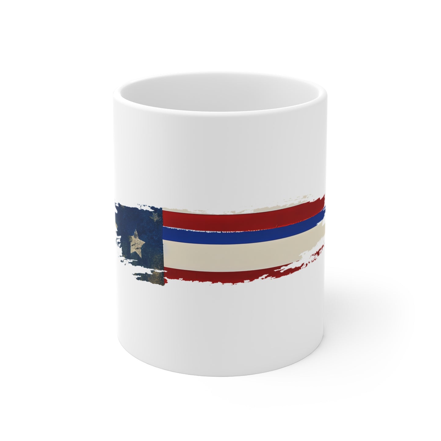 Rustic USA Flag Brush Stroke Mug – Textured American Flag Coffee Cup – Natural Grain Patriotic Design Mug 11oz
