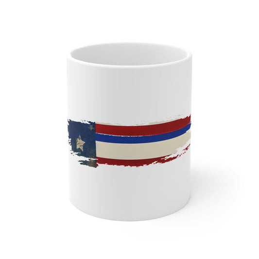 Rustic USA Flag Brush Stroke Mug – Textured American Flag Coffee Cup – Natural Grain Patriotic Design Mug 11oz