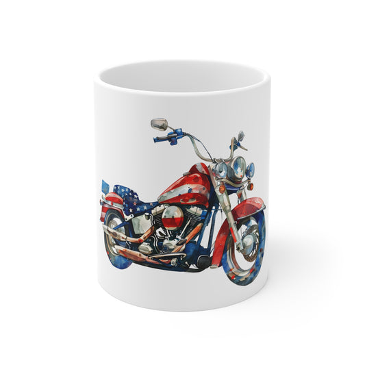 Patriotic Watercolor Motorcycle Mug – American Flag Bike Coffee Mug – USA Biker Art Cup – Vintage Americana Rider Gift 11oz