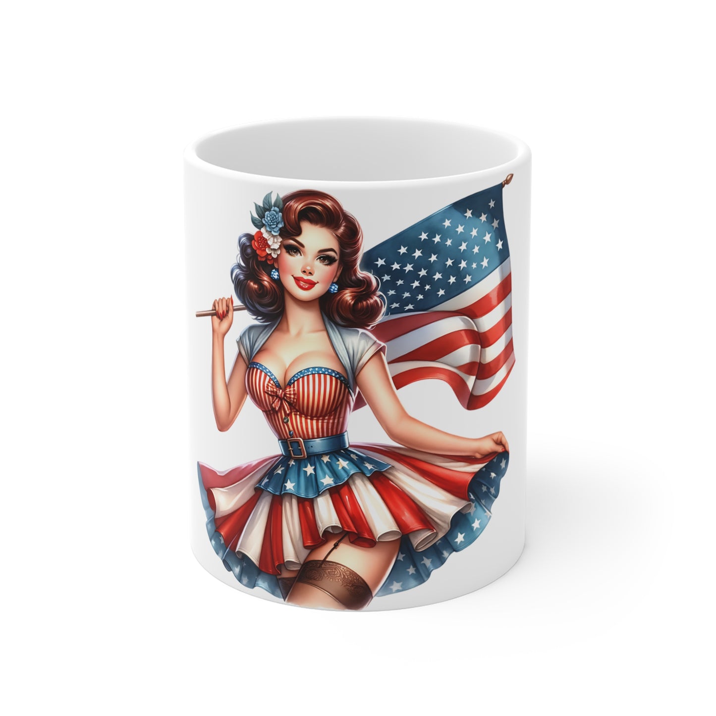 Patriotic Pin Up Dress Mug – Vintage American Flag Woman Coffee Mug – Retro USA Girl Cup – 4th of July Gift – Classic Americana Pin Up Patriotic Pin-Up 11oz Coffee Mug — Vintage American Flag Pinup...