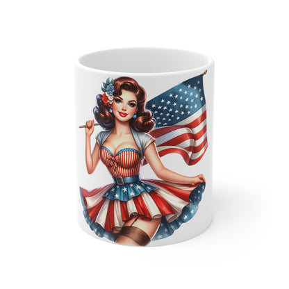 Patriotic Pin Up Dress Mug – Vintage American Flag Woman Coffee Mug – Retro USA Girl Cup – 4th of July Gift – Classic Americana Pin Up Patriotic Pin-Up 11oz Coffee Mug — Vintage American Flag Pinup...