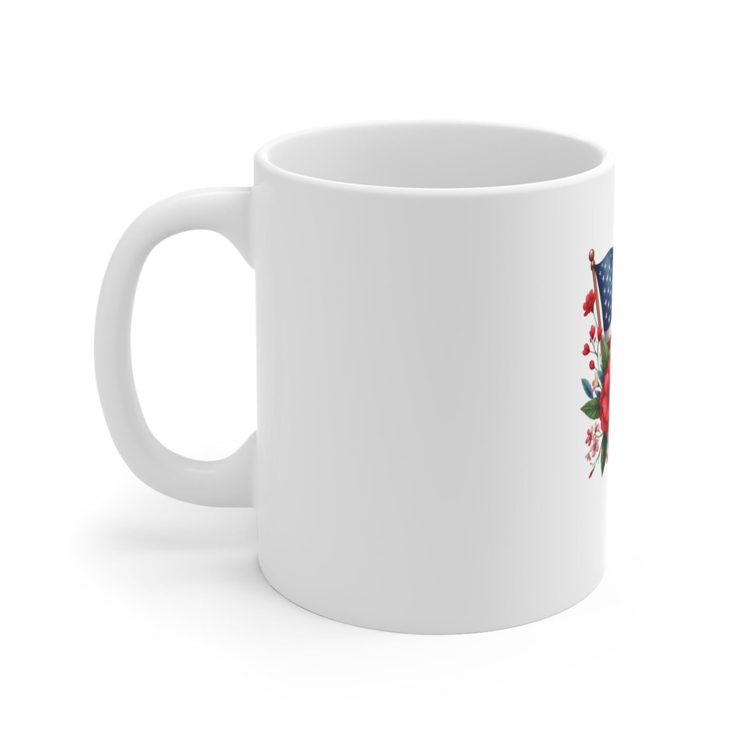 American Flag Floral Mug — Patriotic 11oz Coffee Cup (Stars & Stripes with Red Roses)