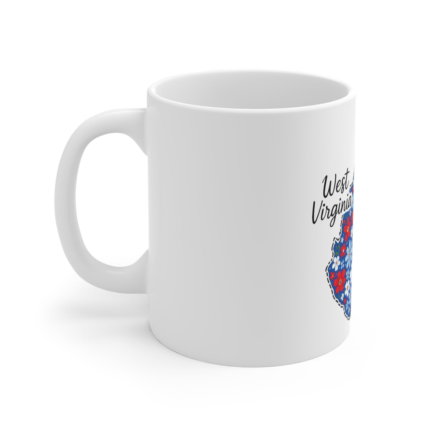 West Virginia Floral State Map Mug - 11oz Red, White & Blue Gift