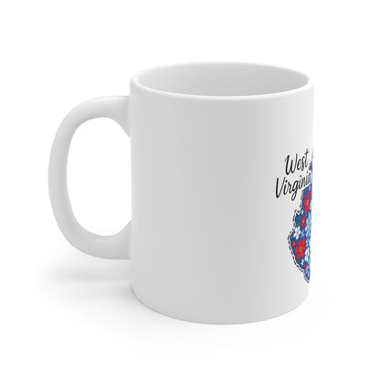 West Virginia Floral State Map Mug - 11oz Red, White & Blue Gift