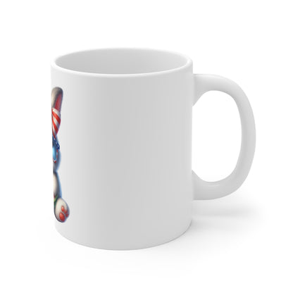 Cute Patriotic Bunny Coffee Mug – Red White Blue Rabbit Mug – Kawaii Americana Animal Cup – Watermelon Summer Gift Mug 11oz