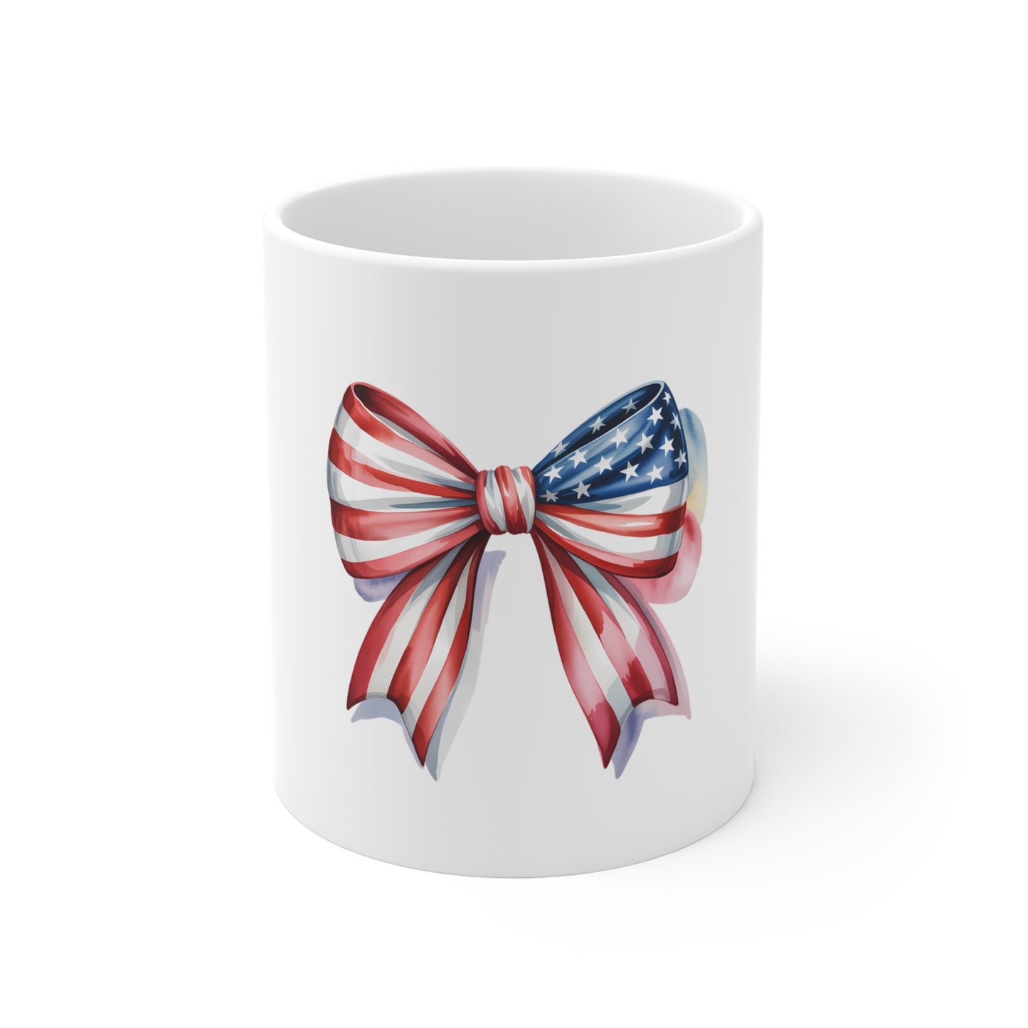 American Flag Bow Mug — Patriotic 11oz Coffee Cup for 4th of July & Veterans Day