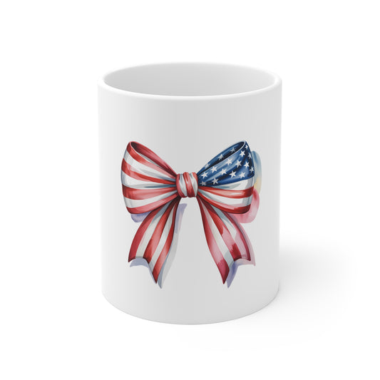 American Flag Bow Mug — Patriotic 11oz Coffee Cup for 4th of July & Veterans Day