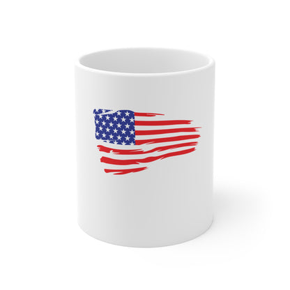 Distressed Wavy American Flag Coffee Mug – Brushstroke USA Flag Mug – Modern Patriotic Cup – Red White Blue Gift Mug 11oz
