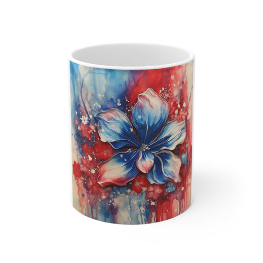 Patriotic Watercolor Flower Coffee Mug – Red White Blue Floral Mug – Artistic Americana Bloom Cup – Soft Flowing Ink Floral Gift Patriotic Blue & Red Floral Coffee Mug — 11oz Artistic Watercolor...