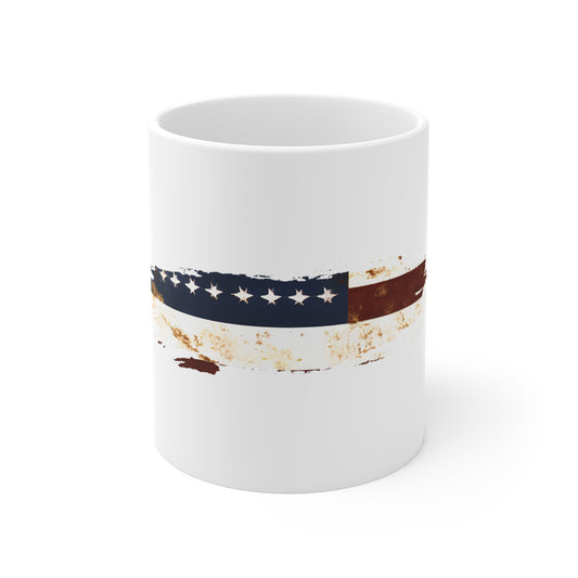 Vintage Rust American Flag Mug – Distressed Patriotic Coffee Cup – Weathered USA Flag Design Mug 11oz