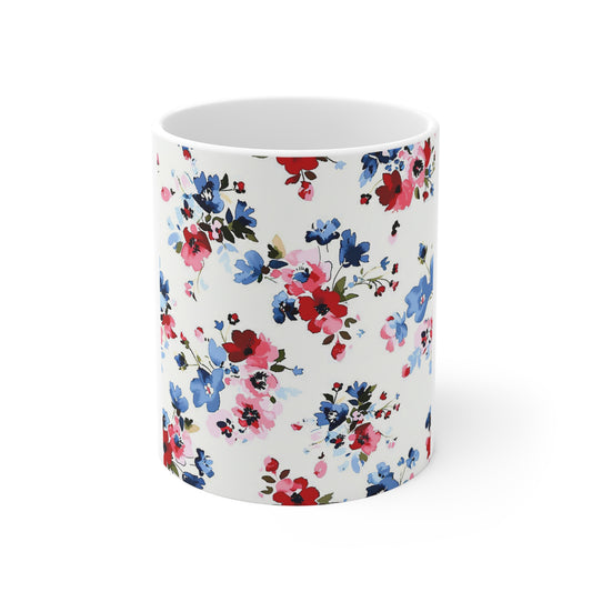Watercolor Patriotic Floral Coffee Mug – Red White Blue Blossom Mug – Soft Americana Garden Cup – Vintage Cottage Floral Mug Floral Tea Mug 11oz — Red & Blue Watercolor Blossoms