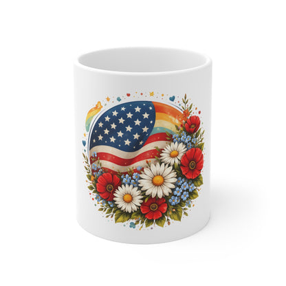 Patriotic Floral American Flag Mug – Red White Blue Daisy & Poppy Coffee Mug – USA Garden Style Mug – Americana Gift Mug 11oz
