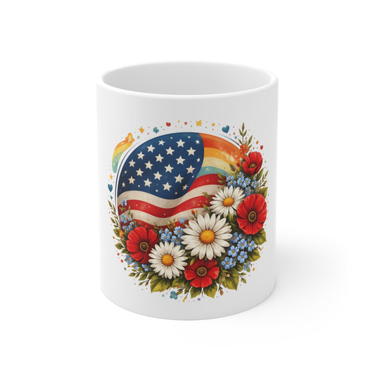 Patriotic Floral American Flag Mug – Red White Blue Daisy & Poppy Coffee Mug – USA Garden Style Mug – Americana Gift Mug 11oz
