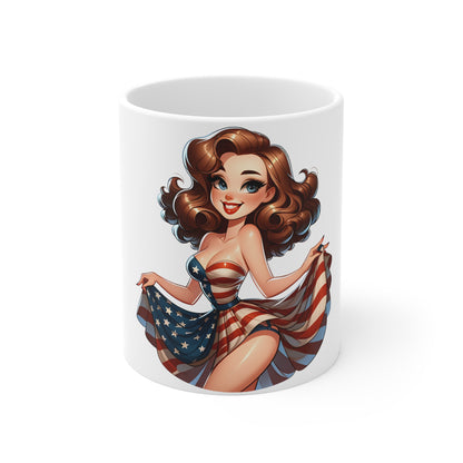 Patriotic Pin-Up Girl Mug – Vintage Americana Dress Coffee Mug – Retro USA Flag Woman Cup – Classic American Beauty Mug – Gift for Her Patriotic Pin-Up Girl Mug — 11oz American Flag Coffee Cup...